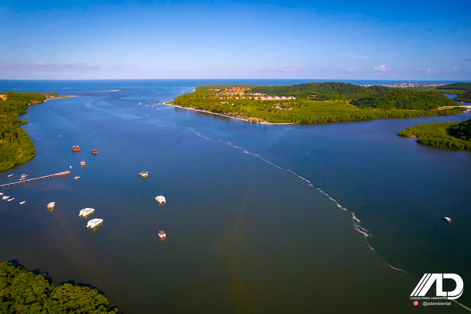 Vista aérea do estuário de Guadalupe, com manguezais, embarcações e encontro do rio com o mar no litoral sul de Pernambuco
